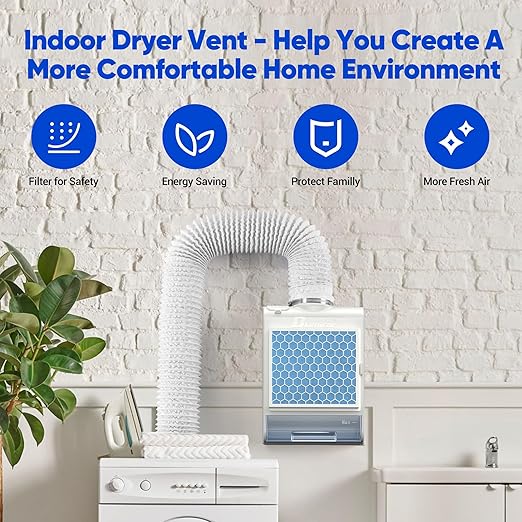 3-in-1 Indoor Dryer Vent Kit for Electric Dryer, Dryer Vent Box with 10 Pieces Polyester Filters, Stainless Steel Screen Filter and Water Drawer System for Protect Home Air Quality, White