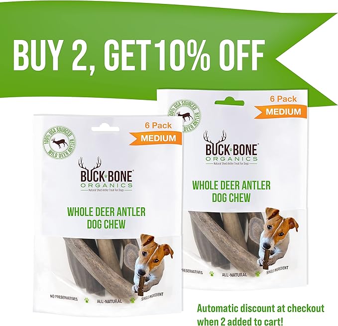 Buck Bone Organics Dog Chews, Deer Antlers for Dogs, Long Lasting Dog Bones for Aggressive Chewers, All Natural, No Preservatives, Wild Shed in The USA, Small/Medium 6 Pack