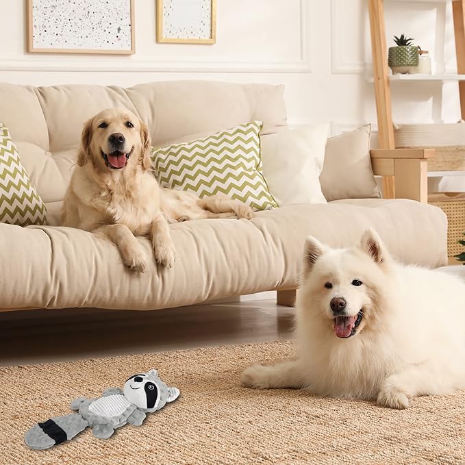 AllHomey Squeaky Dog Toys Plush Chew Toy for Small Medium Dogs Puppy Large Breed, Cute Animal Plush Chew Toy for Indoor Outdoor Play, Tough Durable Teething Interactive Gift, Raccoon,Gray