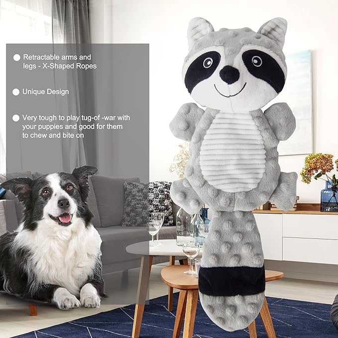 AllHomey Squeaky Dog Toys Plush Chew Toy for Small Medium Dogs Puppy Large Breed, Cute Animal Plush Chew Toy for Indoor Outdoor Play, Tough Durable Teething Interactive Gift, Raccoon,Gray