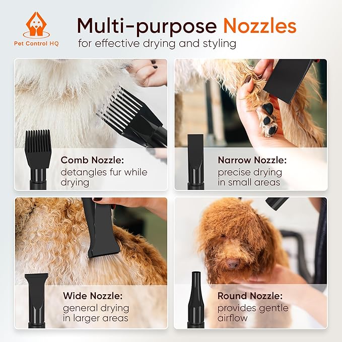 High-Velocity Dog Dryer for Grooming - Quiet Pet Hair Blow Dryer with Heater, 4 Nozzles & Adjustable Speed - Professional Dog Blower for Large Dogs, Thick Coats & Deshedding