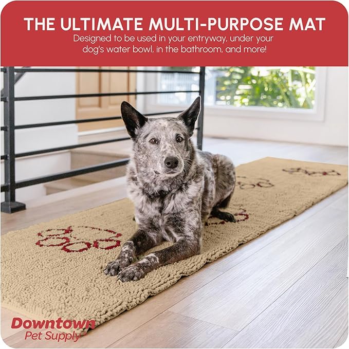 My Doggy Place Microfiber Dog Mat for Muddy Paws, 8' x 2' Oatmeal with Paw Print - Non-Slip, Absorbent and Quick-Drying Dog Paw Cleaning Mat, Washer and Dryer Safe - Hallway Runner