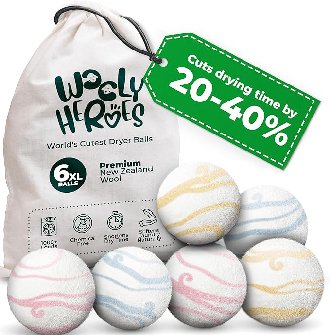 No More Dryer Sheets - Wool Dryer Balls - XL 6-Pack - Eco Dryer Balls - Dryer Balls Laundry Reusable - Softens Laundry Naturally - Reduces Drying Time & Static - with Storage Bag