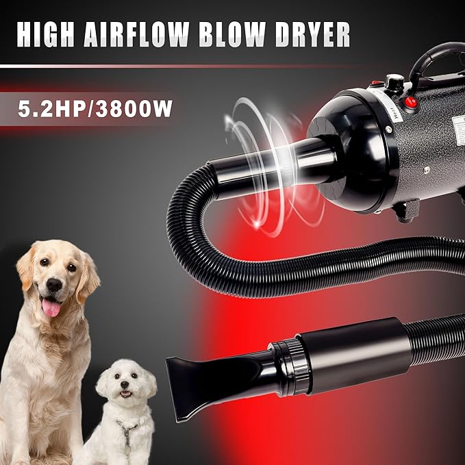 Dog Hair Dryer High Velocity Professional Dog Blow Dryer with Adjustable Speed Dog Pet Grooming Dryer Blower with 4 Nozzle 2 Blow Temperature(Black)
