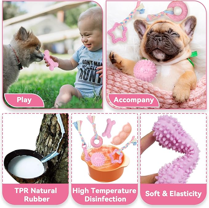 Petcare 6 Pack Puppy Chew Toys for Teething Cute Pink Puppy Toys Small Dog Toys Soft Rubber Rope Dog Toys Funny Bone Ball Cleaning Teeth Dog Chew Toys Puppy Teething Toys for Puppies Yorkie