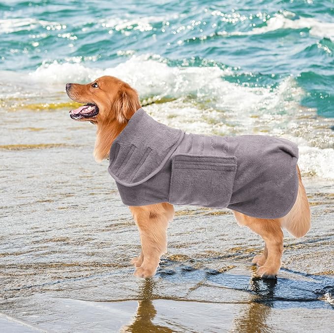 Geyecete Dog Drying Coat - Dog Bathrobe Towel - Microfibre Fast Drying Super Absorbent Pet Cat Bath Robe Towel, Luxuriously Soft - Gray - L