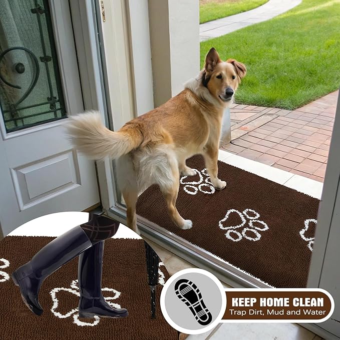 EXPAWLORER Dog Door Mat - Highly Absorbent Microfiber Dog Rug, Soft Chenille Non-Slip Large Pet Paw Cleaning Washable Mud Mat for Bathroom, Brown