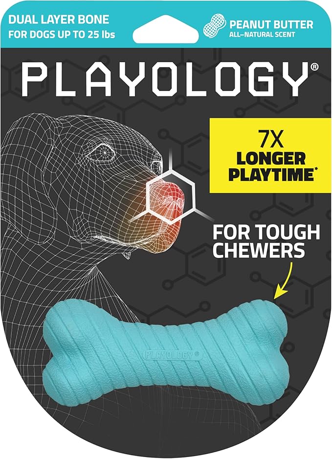 Playology Dual Layer Bone Toy for Small Dogs - Engaging All-Natural Peanut Butter Scented Durable Dog Chew Toy for Heavy Chewers - Easy to Clean - Interactive & Non-Toxic