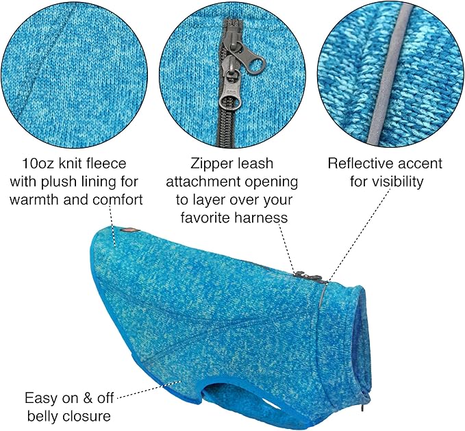 Kurgo Core Dog Sweater, Knit Dog Sweater with Fleece Lining, Cold Weather Pet Jacket, Zipper Opening for Harness, Adjustable Neck, Year-Round Sweater for Small Dogs (Heather Blue, Small)