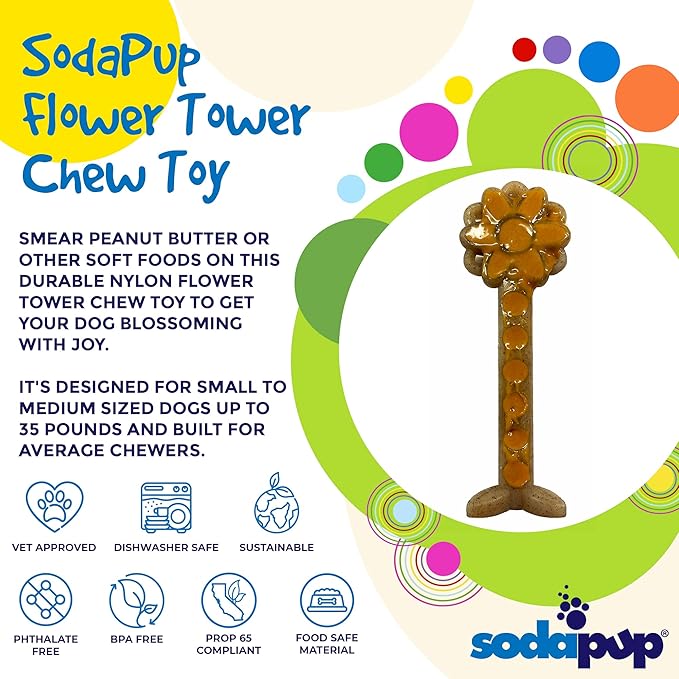 SodaPup Flower Tower – Durable Dog Chew Toy Made in USA from Non-Toxic, Pet Safe, Food Safe, Nylon Material for Mental Stimulation, Clean Teeth, Fresh Breath, Problem Chewing, Calming Nerves, & More