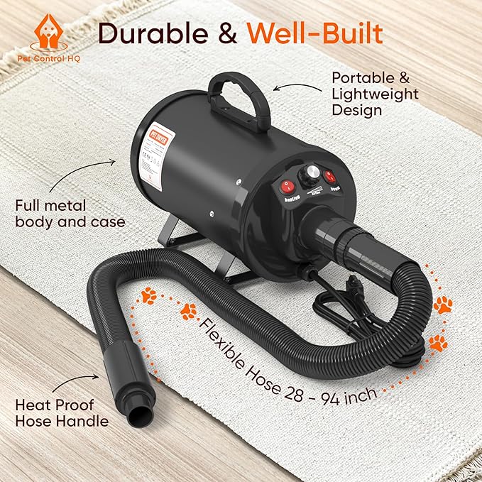 High-Velocity Dog Dryer for Grooming - Quiet Pet Hair Blow Dryer with Heater, 4 Nozzles & Adjustable Speed - Professional Dog Blower for Large Dogs, Thick Coats & Deshedding