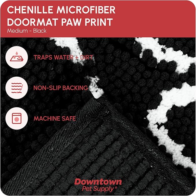 My Doggy Place Microfiber Dog Mat for Muddy Paws, 31" x 20" Black With Paw Print - Absorbent, Quick-Drying Paw Cleaning, Washer and Dryer Safe - Non-Slip Rubber Backed Pet Mat, Medium