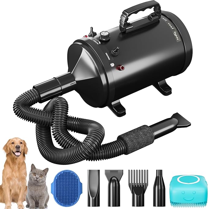 High Velocity Professional Pet Grooming Dryer with Adjustable Speed and Temperature, Dog Blow Dryer with 4 Nozzles, Pet Hair Dryer with Bonus Dog Bath Brush & Dog Shampoo Brush, Black