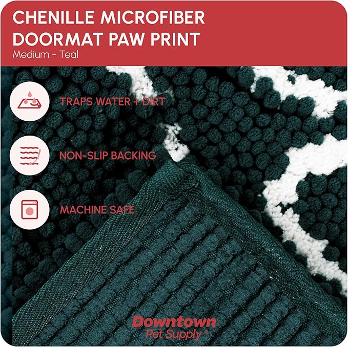 My Doggy Place Microfiber Dog Mat for Muddy Paws, 31" x 20" Teal with Paw Print - Absorbent and Quick-Drying Dog Paw Cleaning Mat, Washer and Dryer Safe - Non-Slip Rubber Backed Pet Mat, Medium
