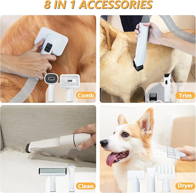FOTING 8 in 1 Dog Grooming Vacuum & Dryer Kit, Dog Vacuum for Shedding Grooming with 3L Dust Cup, Touchscreen Adjustable Speed Temperature Control Clippers Brush, Pet Grooming Vacuum for Dogs at Home