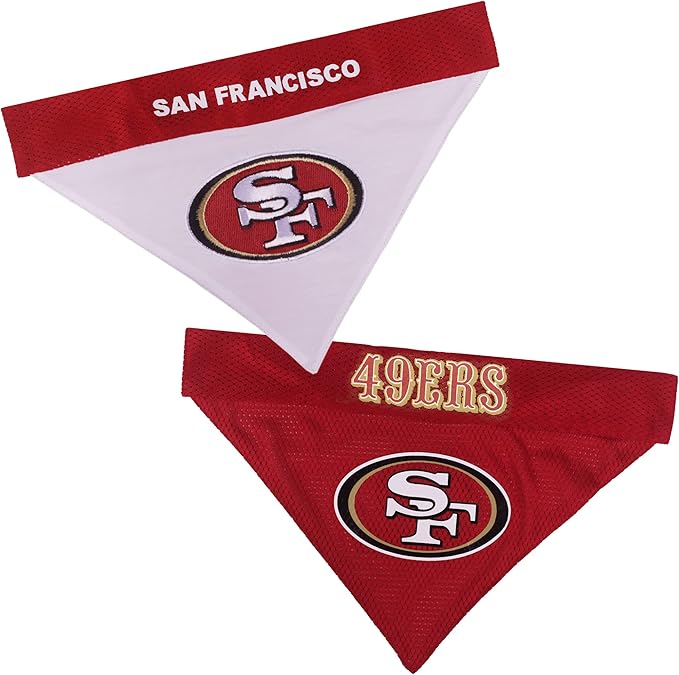 Pets First NFL DOG BANDANA - SAN FRANCISCO 49ERS REVERSIBLE PET BANDANA. 2 Sided Sports Bandana with a PREMIUM Embroidery TEAM LOGO, Small/Medium. - 2 Sizes & 32 NFL Teams available (SAN-3217-S-M)