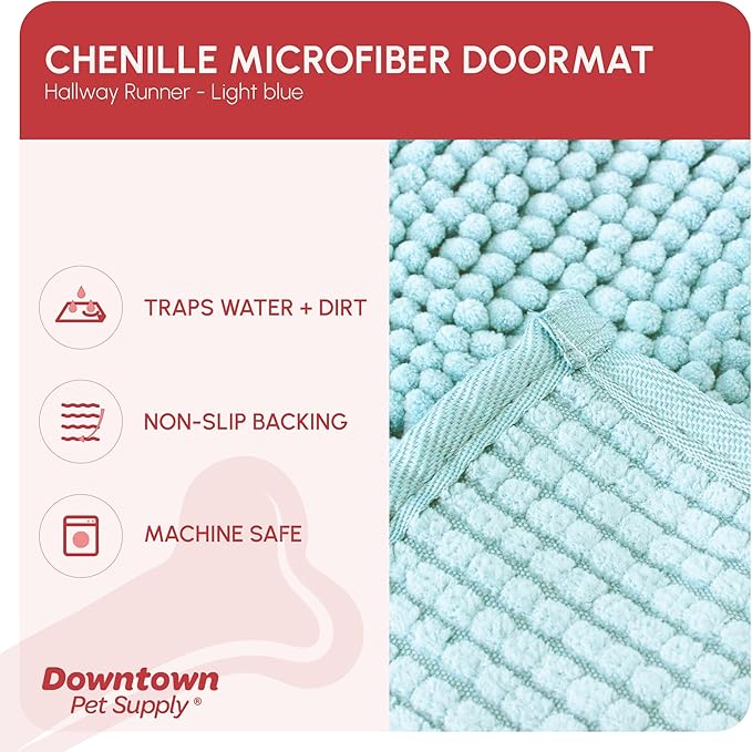 My Doggy Place Microfiber Dog Mat for Muddy Paws, 8' x 2' Light Blue - Non-Slip, Absorbent and Quick-Drying Dog Paw Cleaning Mat, Washer and Dryer Safe - Hallway Runner