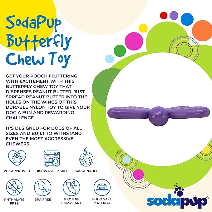 SodaPup Butterfly – Durable Dog Chew Toy Made in USA from Non-Toxic, Pet Safe, Food Safe Nylon Material for Mental Stimulation, Clean Teeth, Fresh Breath, Problem Chewing, Calming Nerves & More