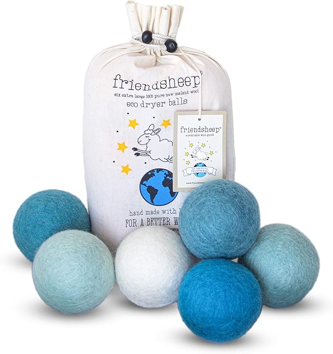 Friendsheep Ocean Wool Dryer Balls Blue 6 Pack XL Organic Premium Reusable Cruelty Free Handmade Fair Trade No Lint Fabric Softener Color, 6 Count