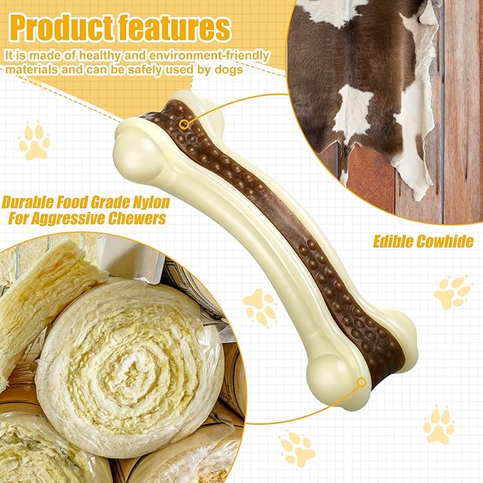 Sosation Bones Shaped Dog Toys for Aggressive Chewers, 2 Pack Dog Chew Toys Puppy Teething Nylon Beef Flavor for Large/Medium/Small Puppies Breeds(Curved Bone,Large, Small)