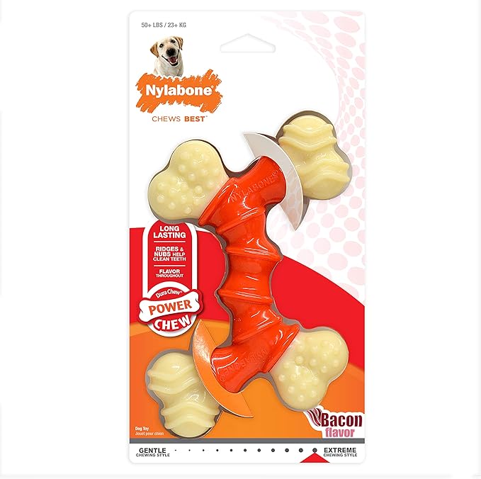 Nylabone Double Bone Power Chew Toy for Dogs, Dog Toys for Aggressive Chewers, Bacon Flavor, X-Large - 50+ lbs, 1 Count
