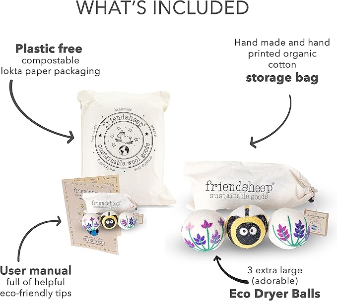 Wool Dryer Balls by Friendsheep 3 Pack XL Organic Premium Reusable Cruelty Free Handmade Fair Trade No Lint Fabric Softener Lavender Fields Bee Flower