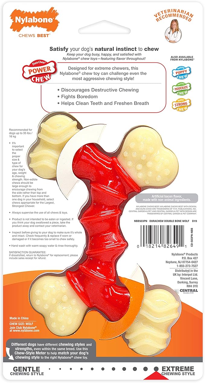 Nylabone Double Bone Power Chew Toy for Dogs, Dog Toys for Aggressive Chewers, Bacon Flavor, Medium - Up to 35 lbs, 1 Count