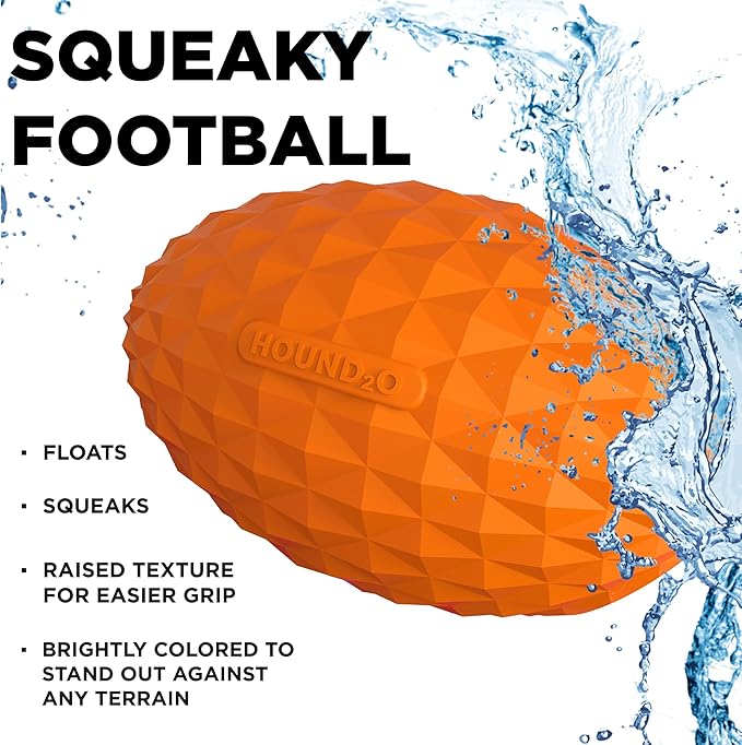 Hound2O Outdoor Dog Toys - Squeaky Football, Orange - Tough, Engaging, & Interactive Toy for All Breeds- Chew, Chase, & Fetch - Durable Non-Toxic Materials That Float - Easy to Clean for Outdoor Play
