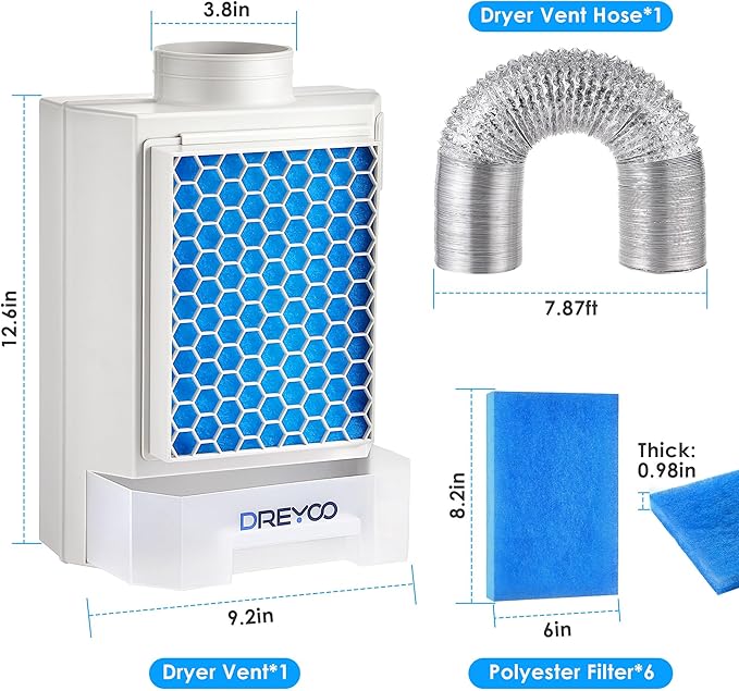 Dreyoo 3 in 1 Dryer Vent Kit for Indoor, Stainless Steel Screen Filter, 7.8 ft Vent Hose and 6 Pieces Polyester Filters, with Water Drawer System for Electric Ventless Dryer(Blue)
