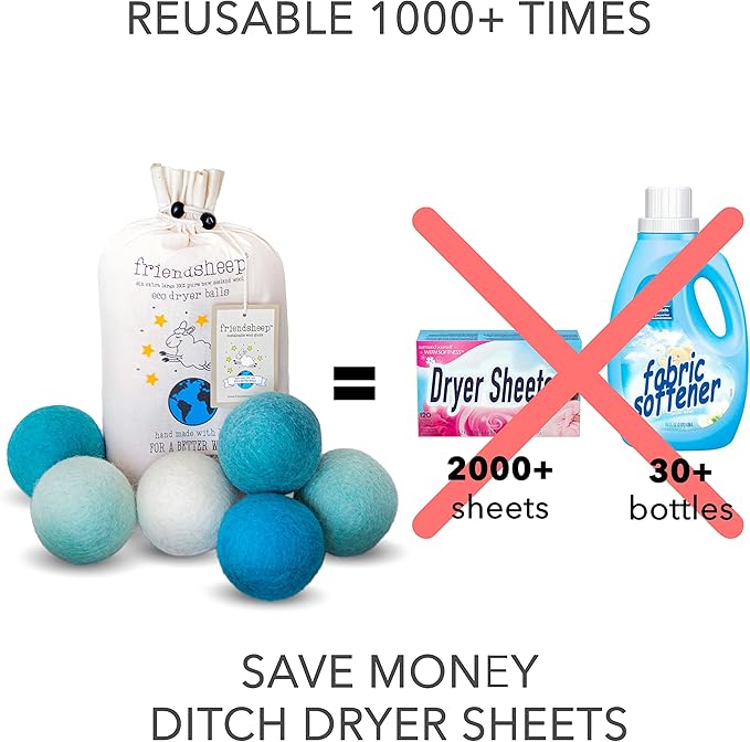 Friendsheep Ocean Wool Dryer Balls Blue 6 Pack XL Organic Premium Reusable Cruelty Free Handmade Fair Trade No Lint Fabric Softener Color, 6 Count