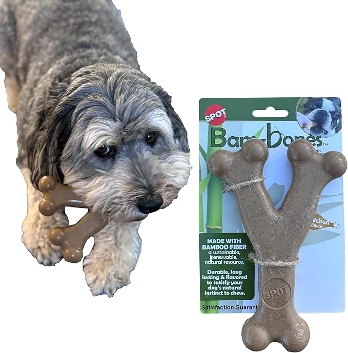 SPOT Bam-Bones Wishbone - Made with Strong Bamboo Fiber, Durable Long Lasting Dog Chew for Light to Moderate Chewers, Great Toy for Adult Dogs & Teething Puppies Under 50lbs, 7in, Chicken Flavor