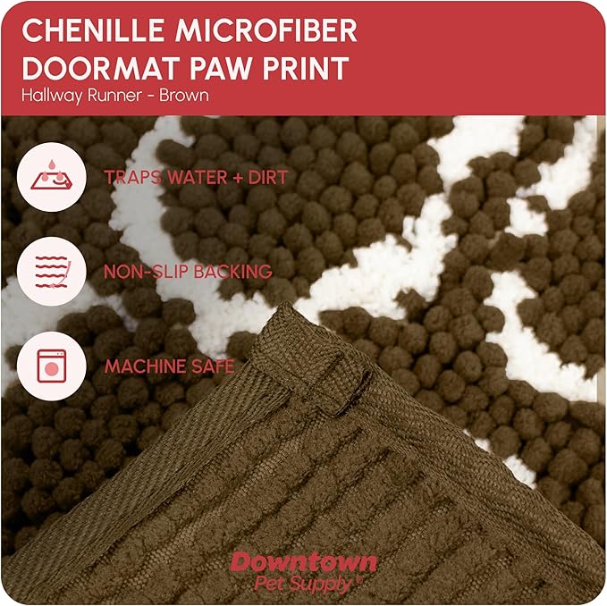 My Doggy Place Microfiber Dog Mat for Muddy Paws, 8' x 2' Brown with Paw Print - Non-Slip, Absorbent and Quick-Drying Dog Paw Cleaning Mat, Washer and Dryer Safe - Hallway Runner