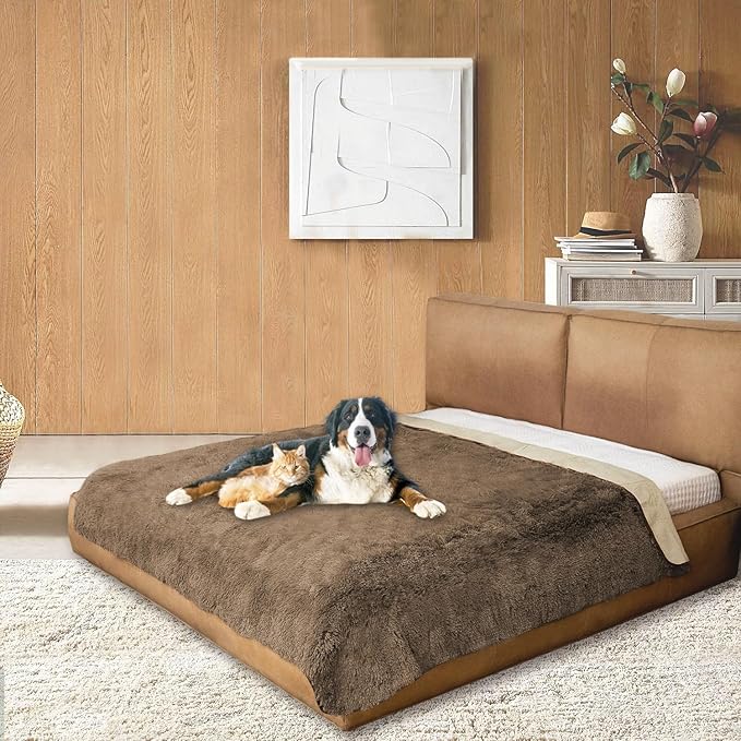 Waterproof Dog Bed Cover, Soft Plush Pet Blanket with Anti-Slip Back for Bed Couch Sofa, Furniture Protector for Small, Medium and Large Dogs and Cats (Brown, 82"x120")