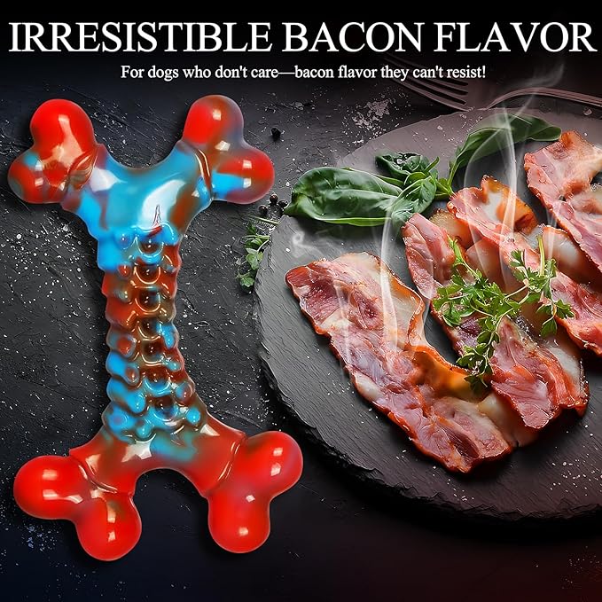 Tough Dog Toys for Aggressive Chewers, Indestructible Dog Chewers for Medium Large Breeds, Dogs Chew Toys Bone, Dogs Toys to Keep Them Busy, Boredom Toy for Large Breed, Bacon Flavor