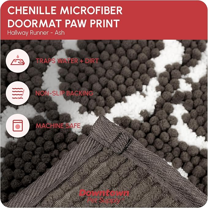 My Doggy Place Microfiber Dog Mat for Muddy Paws, 8' x 2' Ash with Paw Print - Non-Slip, Absorbent and Quick-Drying Dog Paw Cleaning Mat, Washer and Dryer Safe - Hallway Runner
