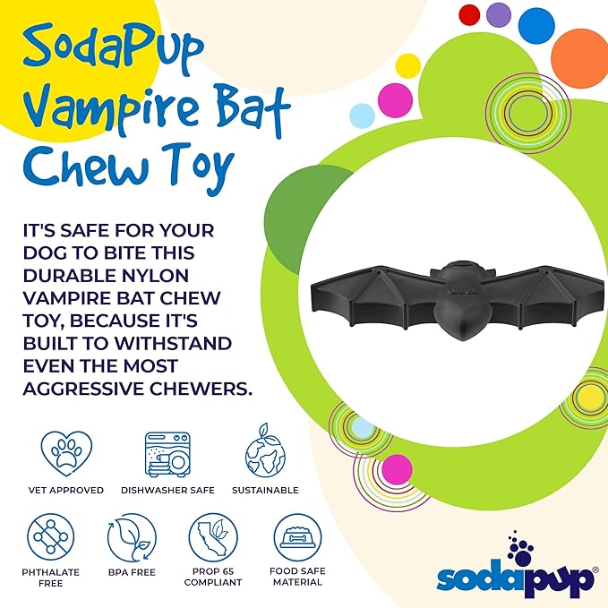 SodaPup Vampire Bat – Durable Dog Chew Toy Made in USA from Non-Toxic, Pet Safe, Food Safe Nylon Material for Mental Stimulation, Clean Teeth, Fresh Breath, Problem Chewing, Calming Nerves, & More