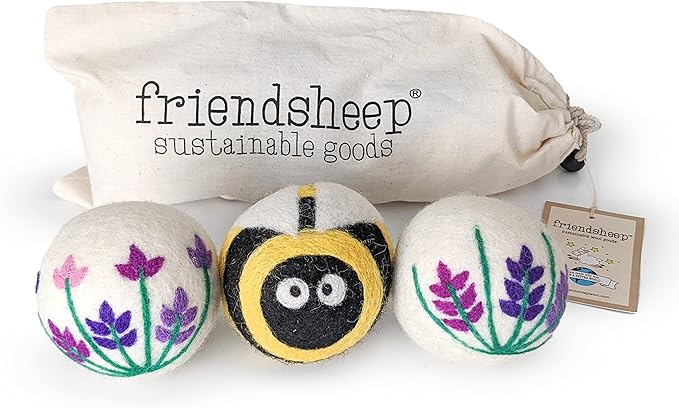 Wool Dryer Balls by Friendsheep 3 Pack XL Organic Premium Reusable Cruelty Free Handmade Fair Trade No Lint Fabric Softener Lavender Fields Bee Flower