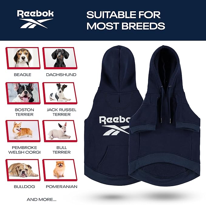 Reebok Dog Hoodie - Fleece Sweater With Leash Hole, Winter Sweatshirt for Small Medium and Large Dogs, Premium Fall Pullover, Cozy Warm Christmas Outfit