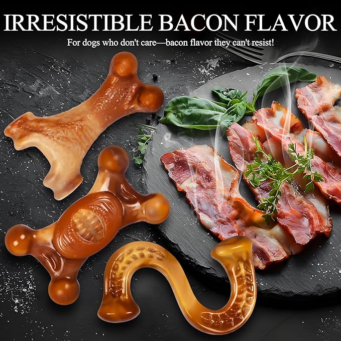 Apasiri Dog Toys for Aggressive Chewers, 3 Pack Indestructible Dog Toys for Large Dogs, Real Bacon Flavored, Tough Dogs Chew Bones for Medium/Large Breed, Durable Chew Toys to Keep Them Busy