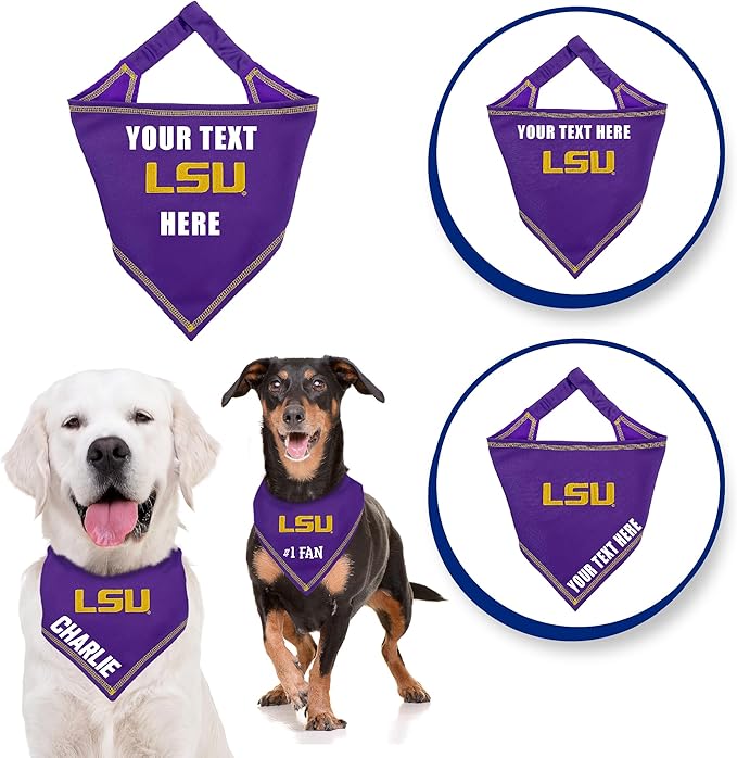 NCAA LSU Tigers Personalized Tie Bandana for Dogs & Cats, Size Large/X-Large. Custom Dog Bandana Scarf Bib for Pet Cat Dog. The Ultimate Game-Day & Party Customizable Bandana