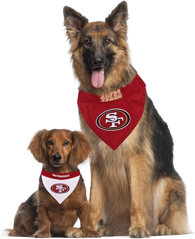 Pets First NFL DOG BANDANA - SAN FRANCISCO 49ERS REVERSIBLE PET BANDANA. 2 Sided Sports Bandana with a PREMIUM Embroidery TEAM LOGO, Small/Medium. - 2 Sizes & 32 NFL Teams available (SAN-3217-S-M)