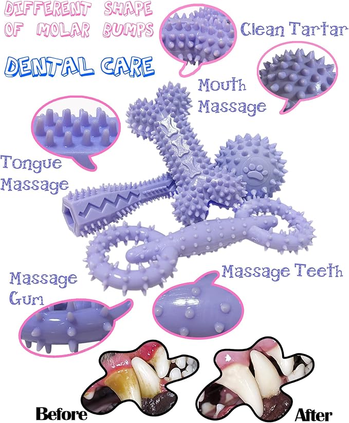4 Pack Puppy Toys for 2-8 Months Pets Dog Chew Toy for Small Puppies Teething Toys for Cleaning Teeth Food Dispensing Soft Durable Rubber Bone Funny Ball Interactive Donut Treat Dumbbell (Purple)