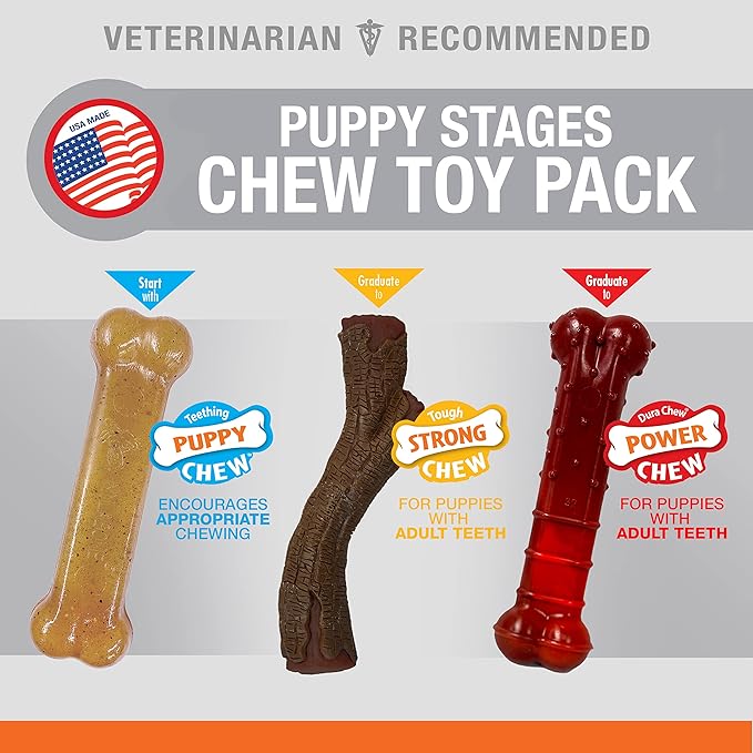 Nylabone Puppy Stages Chew Toy Set, Teething and Chewing Toys for Growing Puppies, Chicken, Maple Bacon, & Beef Jerky Flavors, Medium - Up to 35 lbs, 3 Pack