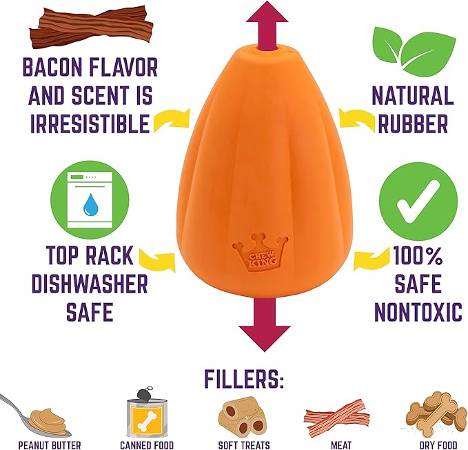 Chew King Premium Treat Dog Toy, Extremely Durable Natural Rubber Toy, Bacon Flavored Dog Toy Orange Large