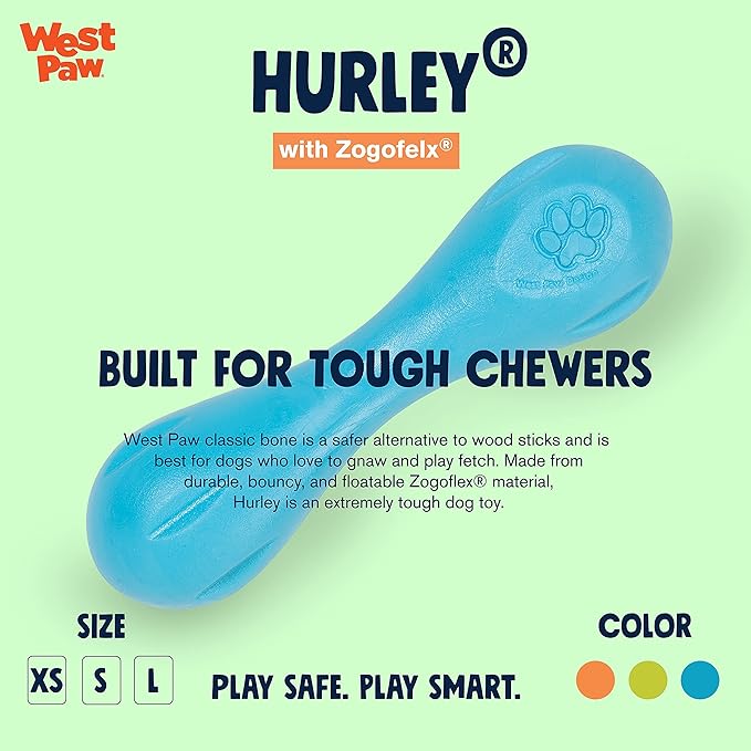 WEST PAW Zogoflex Hurley Dog Bone Chew Toy – Floatable Pet Toys for Aggressive Chewers, Catch, Fetch – Bright-Colored Bones for Dogs – Recyclable, Dishwasher-Safe, Non-Toxic, Large, Aqua