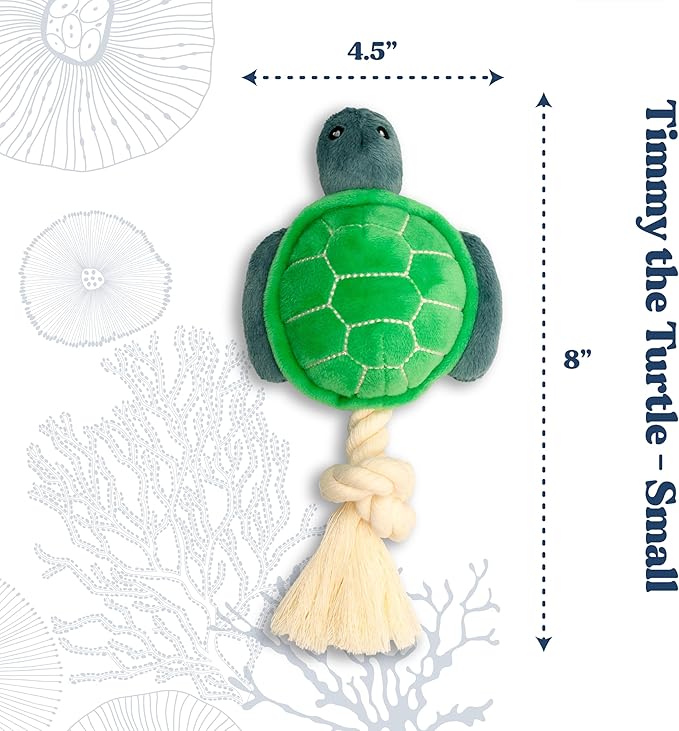 Ocean Collection Dog Toys | Small Sized Timmy The Turtle | Cute, Durable, & Sustainable Plush Chew Toys for Dogs up to 25 lbs | Eco Friendly & 100% Recycled Materials