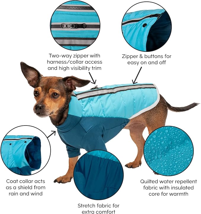 Furhaven Water-Repellent XS Dog Coat, Washable w/ Leash Access & Stretch Fabric - Pro-Fit Active Jacket - Aquamarine, Extra Small