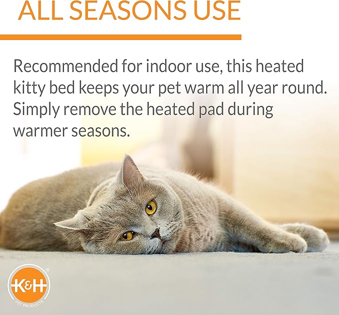 K&H Pet Products Bolster Heated Cat Bed for Indoor Cats, Thermo-Kitty Fashion Splash Orthopedic Foam Heated Pet Bed for Cats or Dogs, Waterproof Pet Heater, Safety Listed Small 18in Round Blue