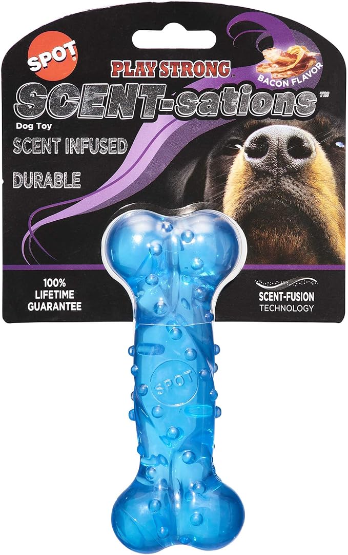 SPOT Play Strong Scent-sations Bone - Scent-Infused, Strong, Durable TPR Rubber, Heavy Duty Dog Toys for Aggressive Chewers up to 45lbs, Perfect for Puppies & Medium Breeds, 6in, Bacon Flavored