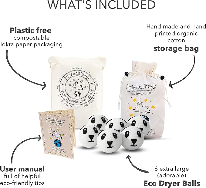 Friendsheep Wool Dryer Balls 6 Pack XL Organic Premium Reusable Cruelty Free Handmade Fair Trade No Lint Fabric Softener - Panda Pack